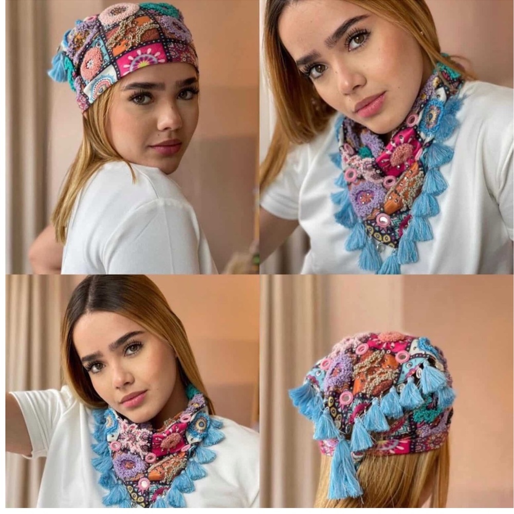 Embroidered Boho Western bandana -Colombian scarf lavender evil eyes blue - Picture 3 of 6